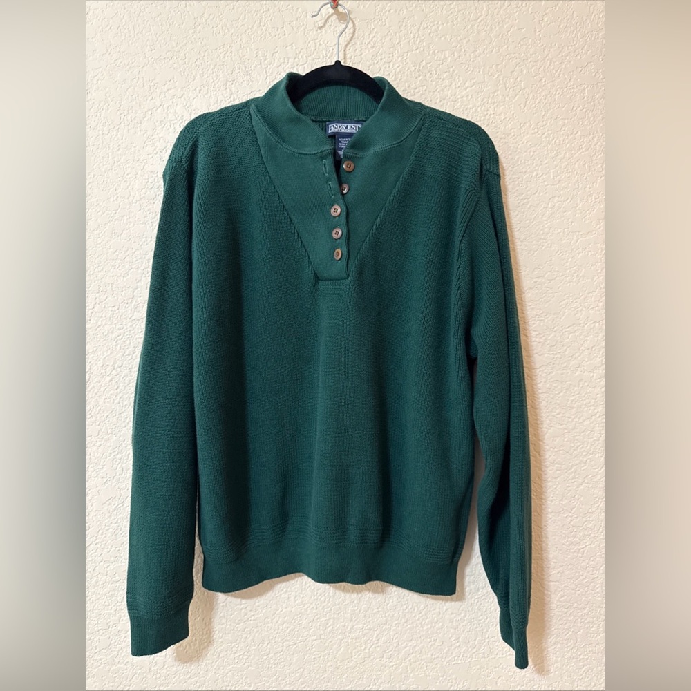 Vtg Lands' End Women's Sz XL 18-20 Henley Ribbed Chunky Sweater Green USA Cotton
